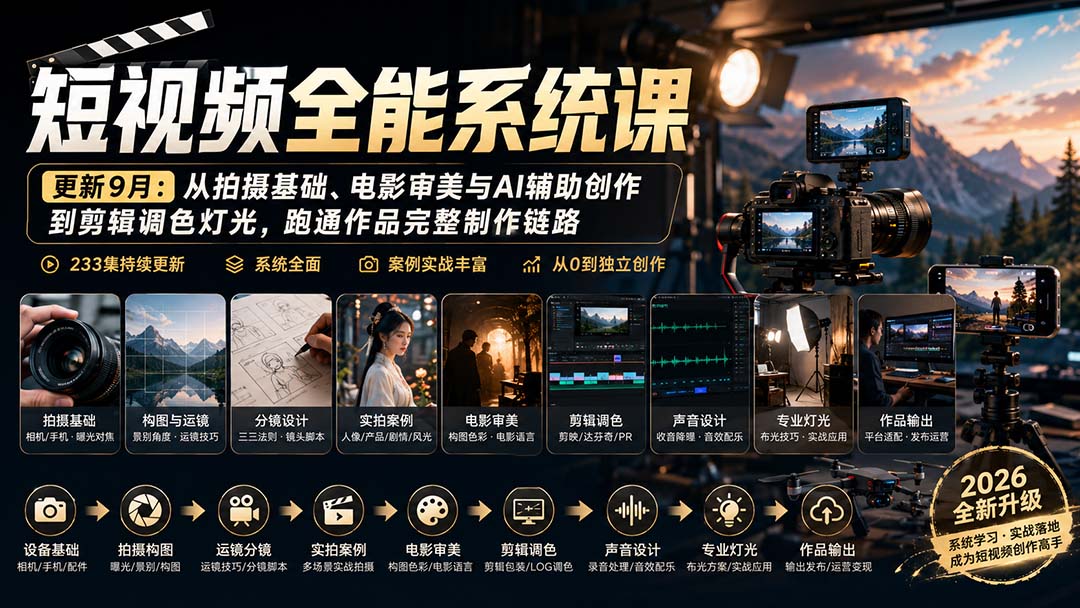 短视频全能系统课-9月完整版:从拍摄基础、电影审美与AI辅助创作到剪辑调色灯光,跑通作品完整制作链路-87副业网 - 互联网副业项目资源分享平台