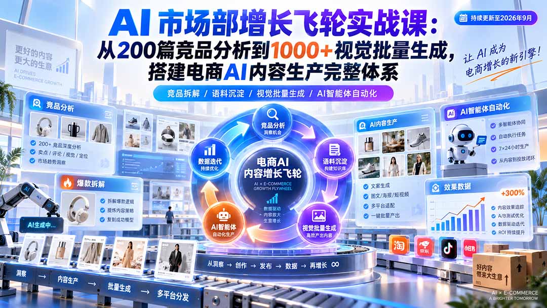 AI 市场部增长飞轮实战课：从200篇竞品分析到1000+视觉批量生成，搭建电商AI内容生产完整体系-87副业网 - 互联网副业项目资源分享平台
