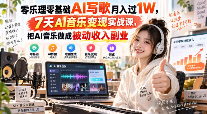 零乐理零基础AI写歌月入过1W，7天AI音乐变现实战课，把AI音乐做成被动收入副业 - 87副业网