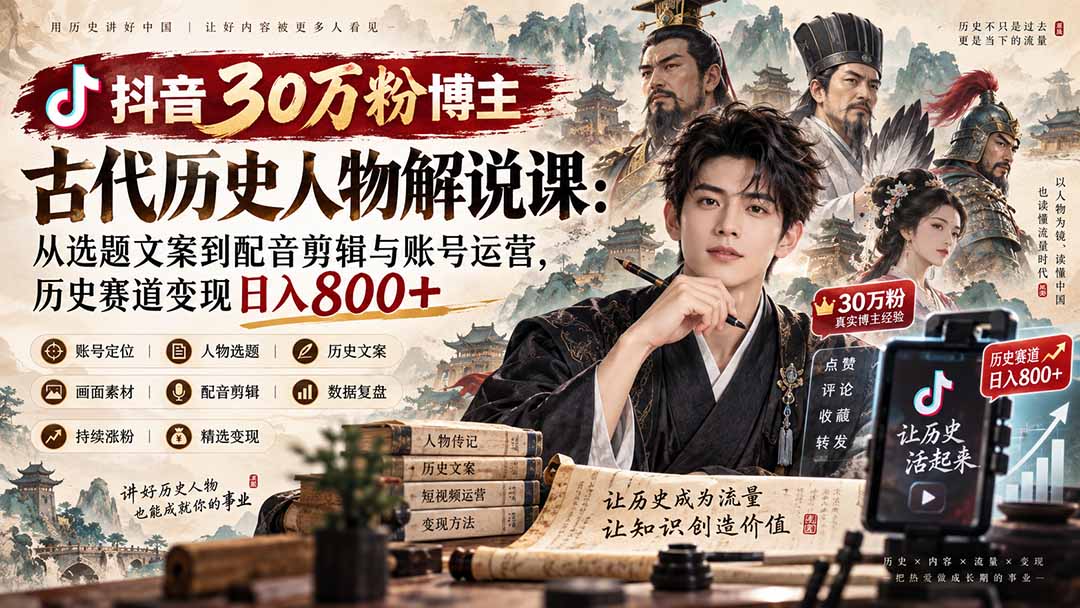 抖音30万粉博主古代历史人物解说课：从选题文案到配音剪辑与账号运营，历史赛道变现日入800+-87副业网 - 互联网副业项目资源分享平台