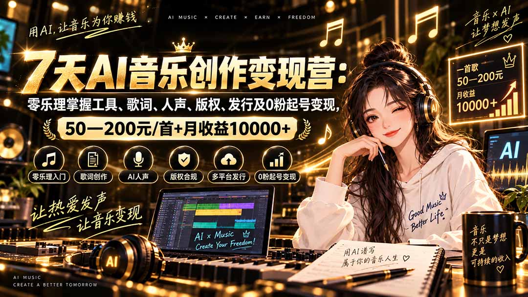 AI音乐创作变现营：零乐理掌握工具、歌词、人声、版权、发行及0粉起号变现，50—200元/首+月收益10000+-87副业网 - 互联网副业项目资源分享平台