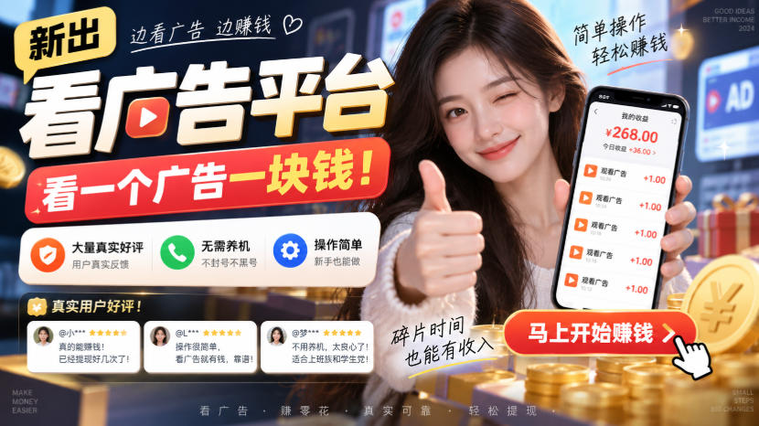 新出看广告平台，看一个广告一块钱，大量真实好评！无需养机、不会黑号，操作简单【揭秘】-87副业网 - 互联网副业项目资源分享平台