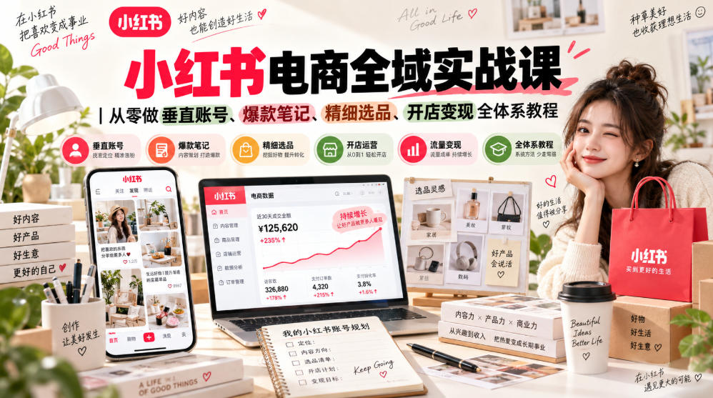 小红书电商全域实战课｜从零做垂直账号、爆款笔记、精细选品、开店变现全体系教程 - 87副业网