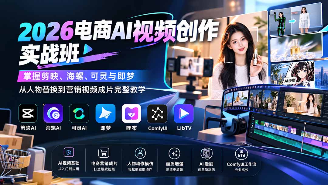 2026电商AI视频创作实战班：掌握剪映、海螺、可灵与即梦，从人物替换到营销视频成片完整教学 - 87副业网