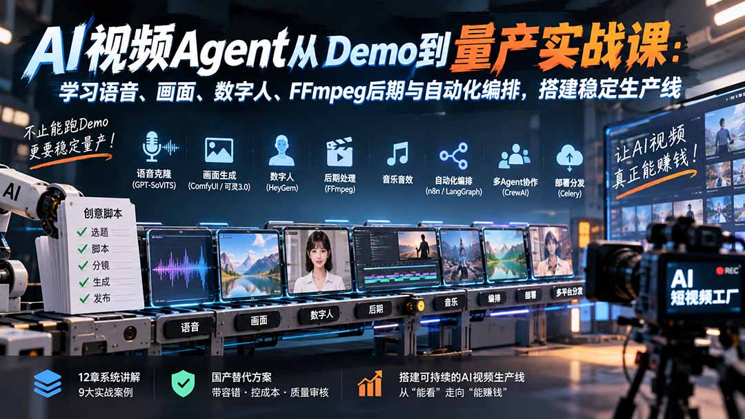 AI视频Agent从Demo到量产实战课：学习语音、画面、数字人、FFmpeg后期与自动化编排，搭建稳定生产线-87副业网 - 互联网副业项目资源分享平台