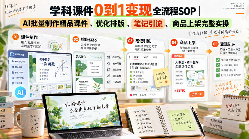 学科课件0到1变现全流程SOP｜AI批量制作精品课件、优化排版、笔记引流、商品上架完整实操​ - 87副业网