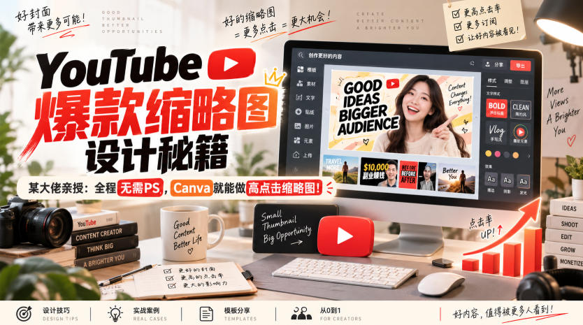YouTube爆款缩略图设计秘籍，某油管大佬(610万订阅者)亲授，全程无需PS，Canva就能做高点击缩略图！【原创双语字幕】 - 87副业网