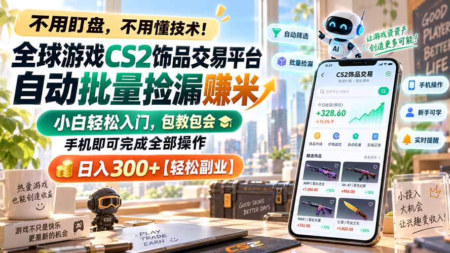 全球游戏CS2饰品交易平台自动批量捡漏赚米，小白轻松入门，包教包会，手机即可完成全部操作，日入300+【轻松副业】 - 87副业网