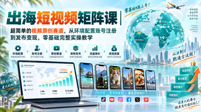 出海短视频矩阵课｜超简单的视频原创赛道，从环境配置账号注册到发布变现，零基础完整实操教学 - 87副业网