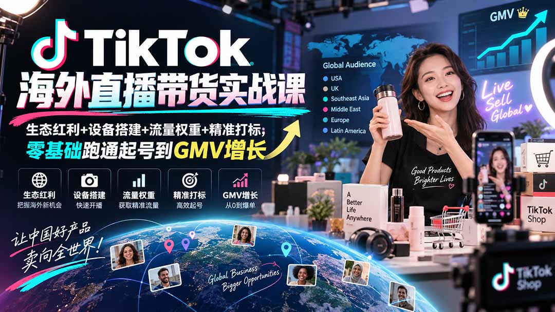 TikTok海外直播带货实战课｜生态红利+设备搭建+流量权重+精准打标，零基础跑通起号到GMV增长-87副业网 - 互联网副业项目资源分享平台