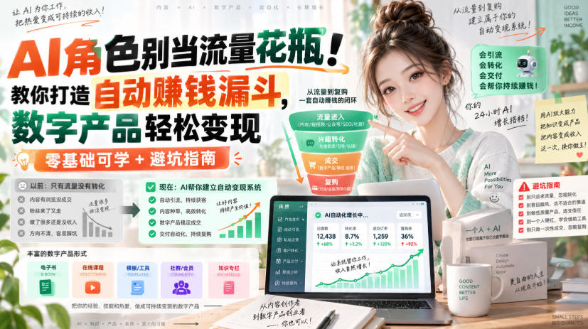 AI角色别当流量花瓶！教你打造自动賺钱漏斗，数字产品轻松变现(零基础可学+避坑指南)【原创双语字幕】 - 87副业网