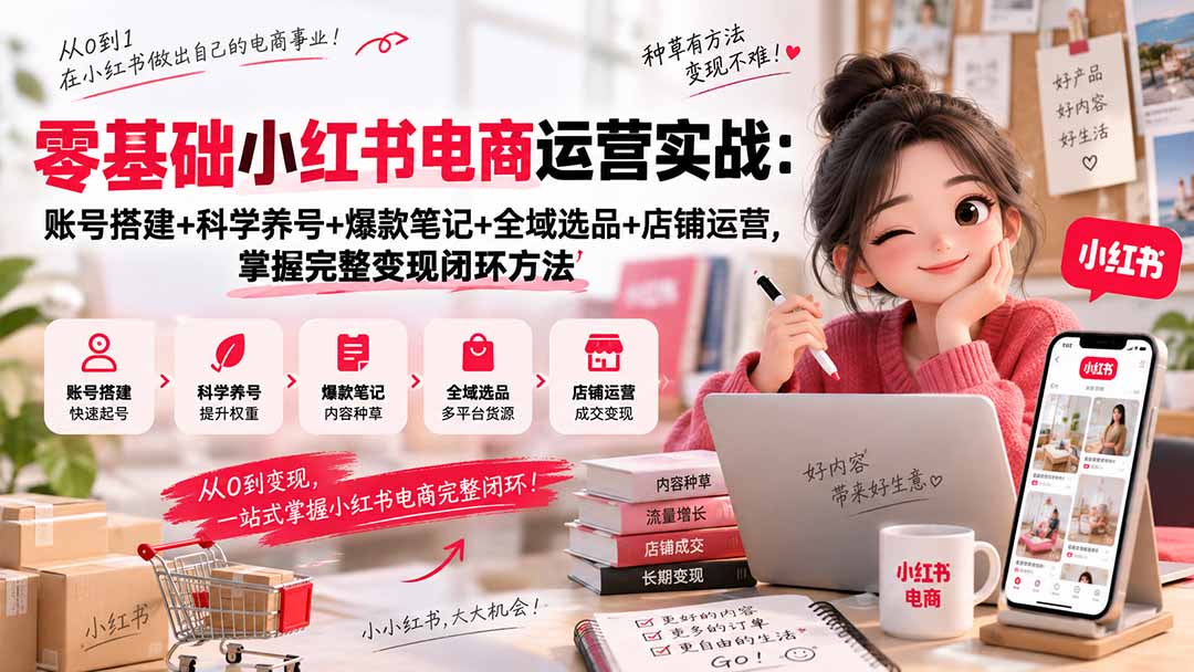 零基础小红书电商运营实战：账号搭建+科学养号+爆款笔记+全域选品+店铺运营，掌握完整变现闭环方法-87副业网 - 互联网副业项目资源分享平台