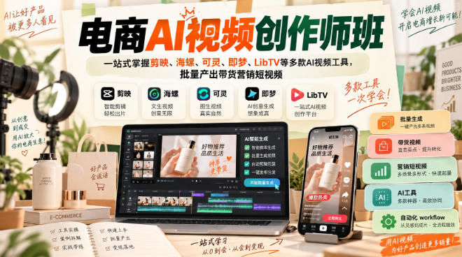 电商AI视频创作师班，一站式掌握剪映、海螺、可灵、即梦、LibTV等多款AI视频工具，批量产出带货营销短视频 - 87副业网