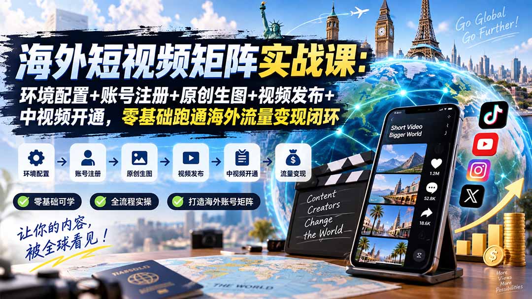 海外短视频矩阵实战课：环境配置+账号注册+原创生图+视频发布+中视频开通，零基础跑通海外流量变现闭环-87副业网 - 互联网副业项目资源分享平台