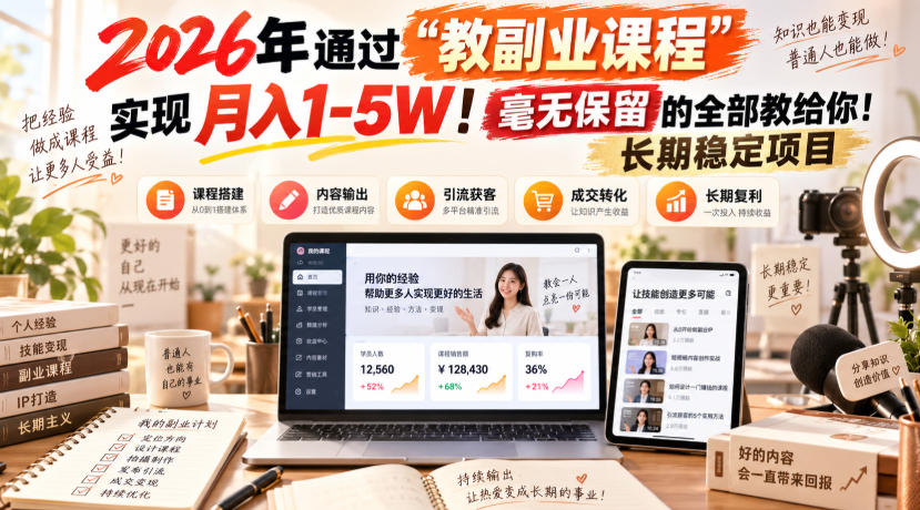 2026年通过“教副业课程”实现月入1-5W！毫无保留的全部教给你！长期稳定项目-87副业网 - 互联网副业项目资源分享平台