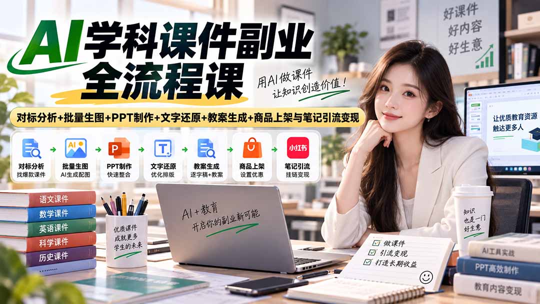 AI学科课件副业全流程课｜对标分析+批量生图+PPT制作+文字还原+教案生成+商品上架与笔记引流变现-87副业网 - 互联网副业项目资源分享平台