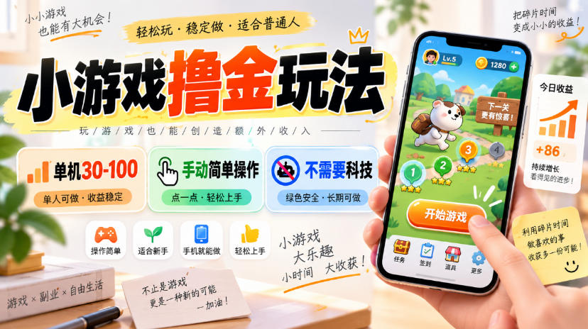 小游戏撸金玩法，单机30-100，手动简单操作，不需要科技-87副业网 - 互联网副业项目资源分享平台