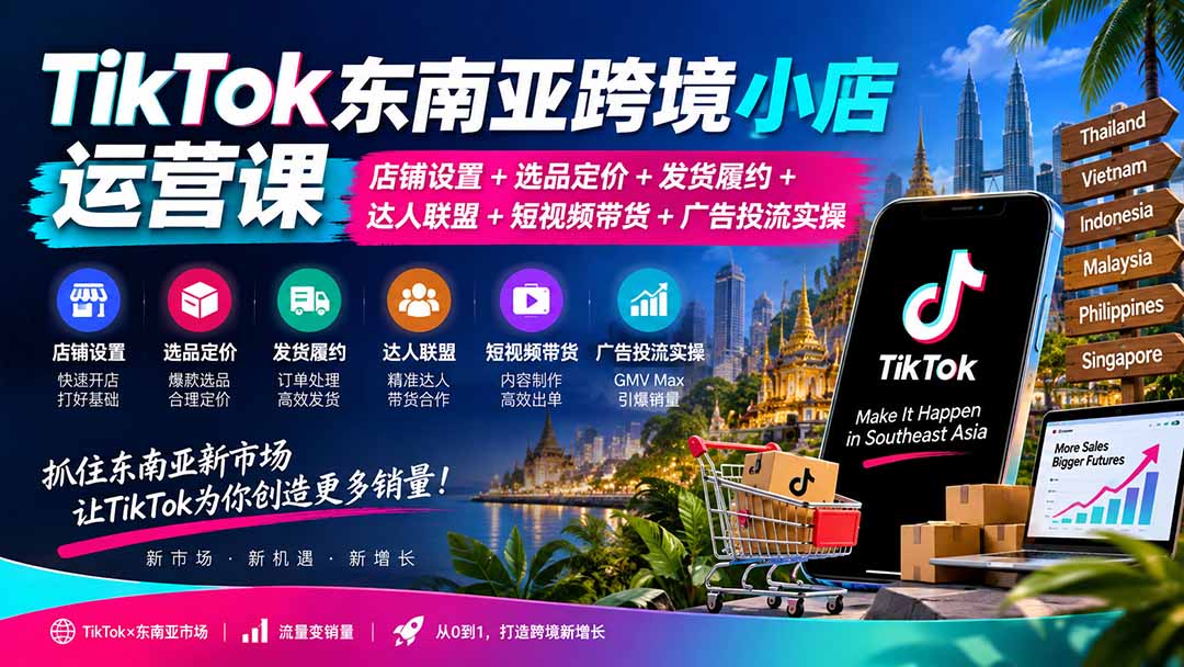 TikTok东南亚跨境小店运营课：店铺设置+选品定价+发货履约+达人联盟+短视频带货+广告投流实操-87副业网 - 互联网副业项目资源分享平台