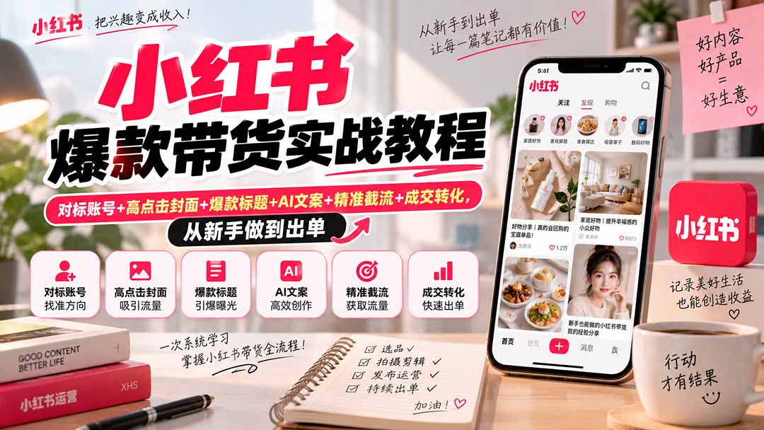 小红书爆款带货实战教程｜对标账号+高点击封面+爆款标题+AI文案+精准截流+成交转化，从新手做到出单-87副业网 - 互联网副业项目资源分享平台