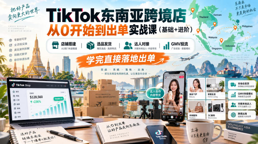 TikTok东南亚跨境店从0开始到出单实战课(基础+进阶)，店铺搭建、选品发货、达人对接、GMV投流，学完直接落地出单-87副业网 - 互联网副业项目资源分享平台
