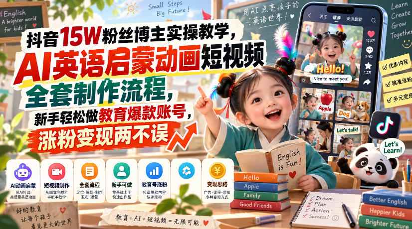 抖音15W粉丝博主实操教学，AI英语启蒙动画短视频全套制作流程，新手轻松做教育爆款账号，涨粉变现两不误-87副业网 - 互联网副业项目资源分享平台
