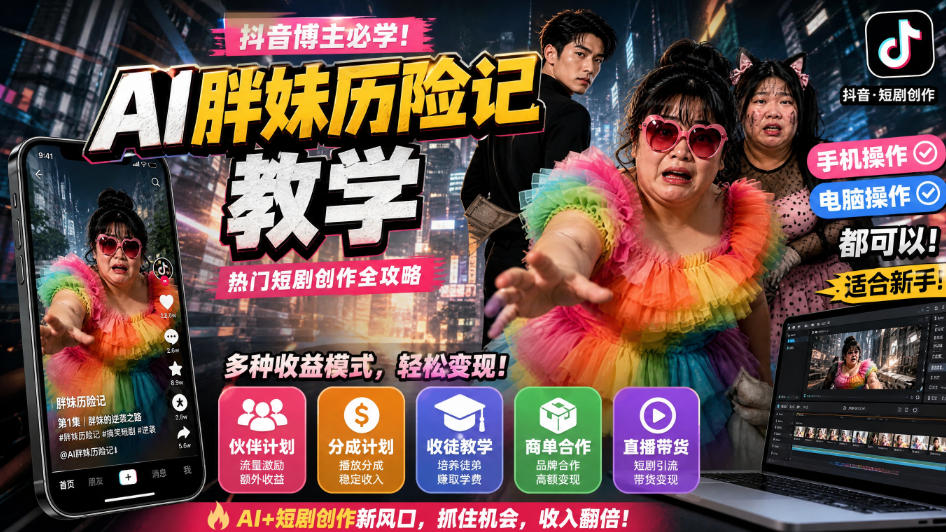 抖音博主的AI胖妹历险记教学，伙伴计划+分成计划+收徒+商单等多种收益，适合新手，手机电脑都可以操作-87副业网 - 互联网副业项目资源分享平台