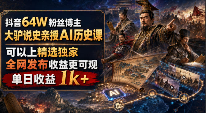 抖音64W粉丝博主大驴说史亲授AI历史课，可以上精选独家，全网发布收益更可观，单日收益1k+(更新)-87副业网 - 互联网副业项目资源分享平台