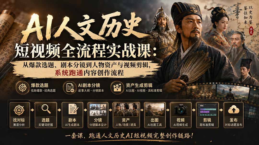 AI人文历史短视频全流程实战课-更新：从爆款选题、剧本分镜到人物资产与视频剪辑，系统跑通内容创作流程-87副业网 - 互联网副业项目资源分享平台