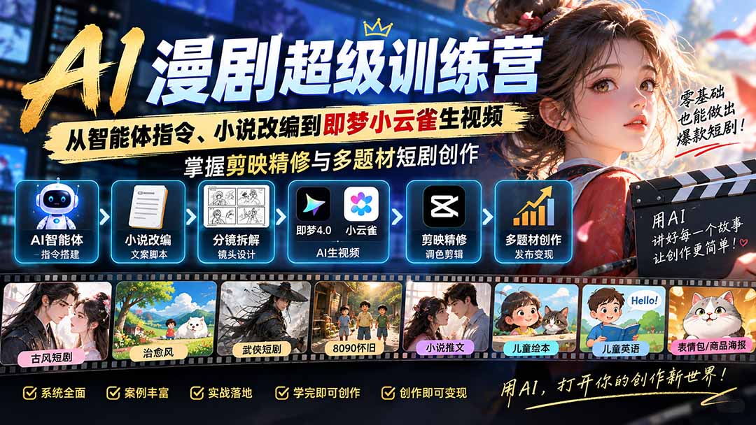 AI漫剧超级特训营：从智能体指令、小说改编到即梦小云雀生视频，掌握剪映精修与多题材短剧创作-87副业网 - 互联网副业项目资源分享平台