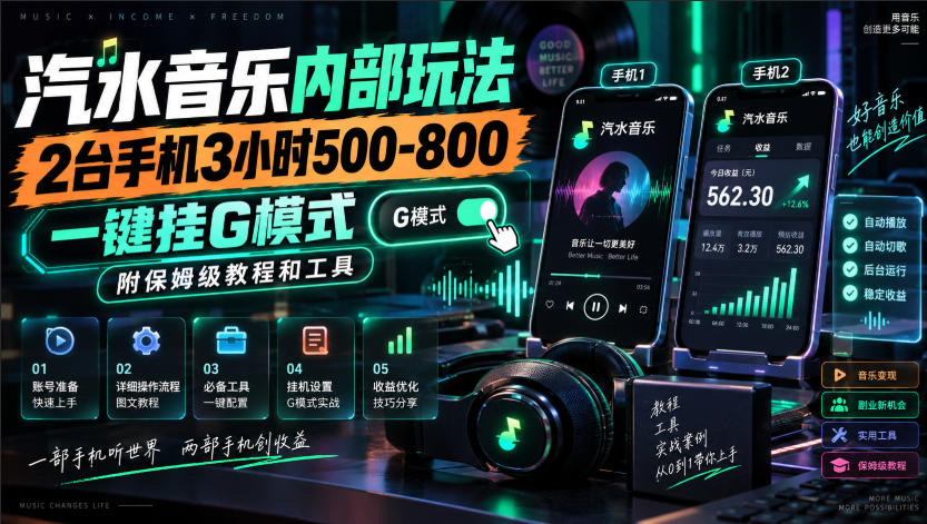 汽水音乐内部玩法，2台手机3小时500-800，一键挂G模式，附保姆级教程和工具【揭秘】-87副业网 - 互联网副业项目资源分享平台