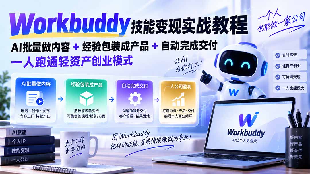 Workbuddy技能变现实战教程：AI批量做内容+经验包装成产品+自动完成交付，一人跑通轻资产创业模式-87副业网 - 互联网副业项目资源分享平台