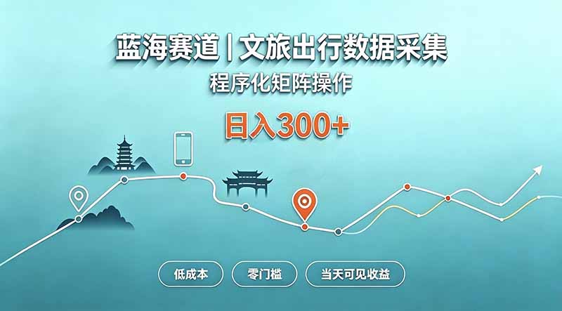 蓝海赛道  文旅出行数据采集  程序化矩阵操作    低成本  零门槛   当天可见收益   日入300+-87副业网 - 互联网副业项目资源分享平台