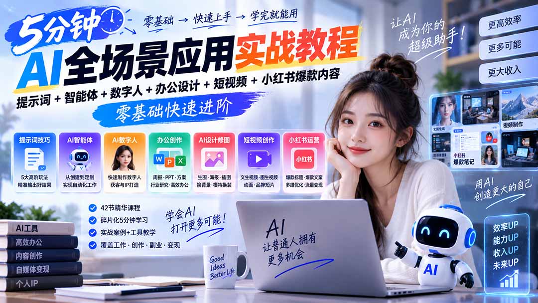 AI全场景应用实战教程｜提示词+智能体+数字人+办公设计+短视频+小红书爆款内容，零基础快速进阶-87副业网 - 互联网副业项目资源分享平台