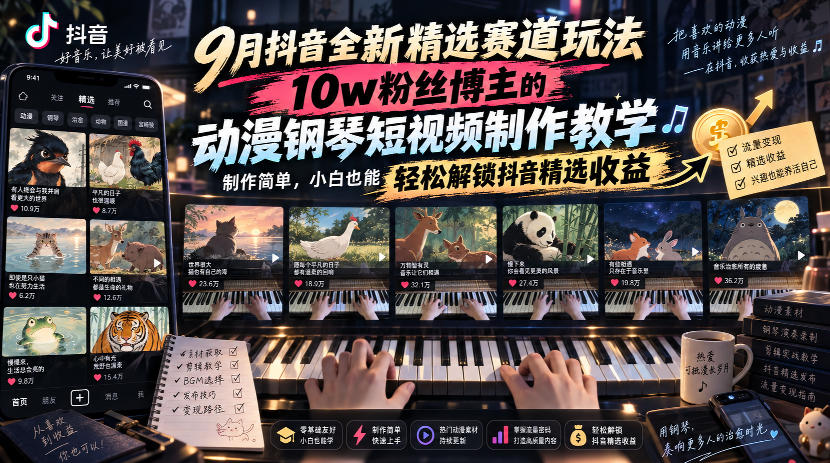 9月抖音全新精选赛道玩法，10w粉丝博主的动漫钢琴短视频制作教学，制作简单，小白也能轻松解锁抖音精选收益-87副业网 - 互联网副业项目资源分享平台