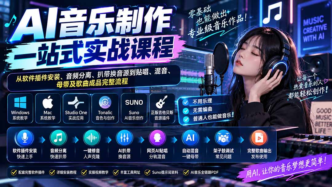 AI音乐制作一站式实战课程：从软件插件安装、音频分离、扒带换音源到贴唱、混音、母带及歌曲成品完整流程-87副业网 - 互联网副业项目资源分享平台
