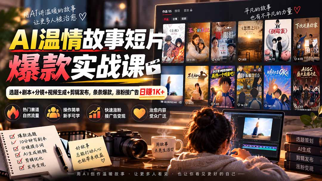 AI温情故事短片爆款实战课-更新｜选题+剧本+分镜+视频生成+剪辑发布，条条爆款，涨粉接广告日赚1K+-87副业网 - 互联网副业项目资源分享平台