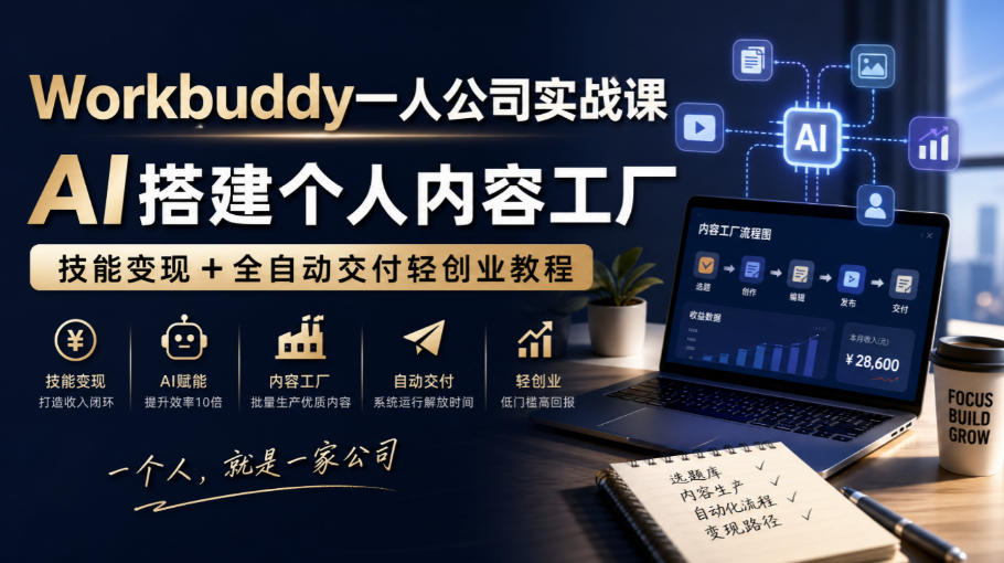 Workbuddy一人公司实战课，AI搭建个人内容工厂，技能变现+全自动交付轻创业教程​ - 87副业网