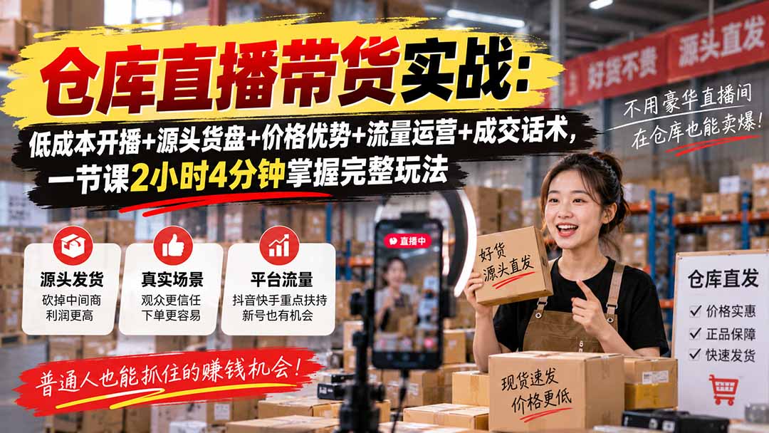 仓库直播带货实战：低成本开播+源头货盘+价格优势+流量运营+成交话术，一节课2小时4分钟掌握完整玩法-87副业网 - 互联网副业项目资源分享平台