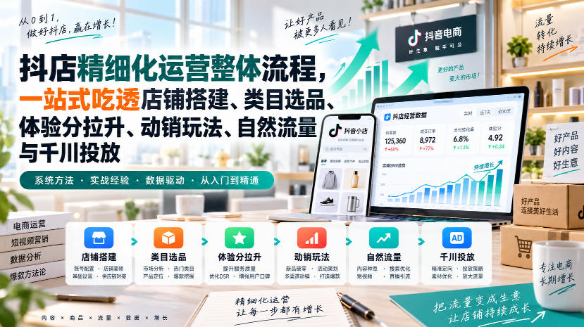 李哥电商-抖店精细化运营整体流程，一站式吃透店铺搭建、类目选品、体验分拉升、动销玩法、自然流量与千川投放 - 87副业网