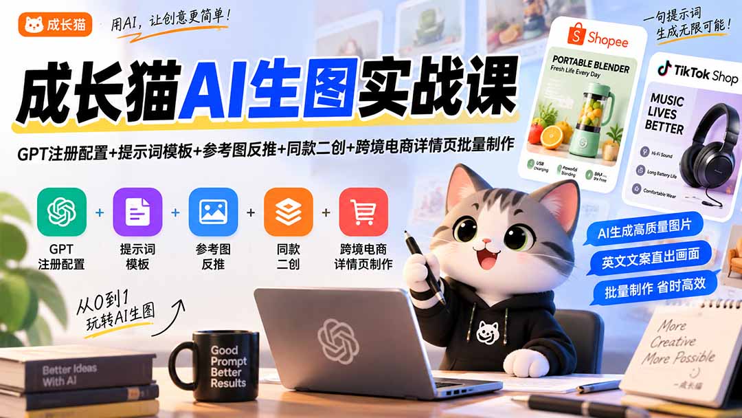 成长猫AI生图实战课｜GPT注册配置+提示词模板+参考图反推+同款二创+跨境电商详情页批量制作-87副业网 - 互联网副业项目资源分享平台