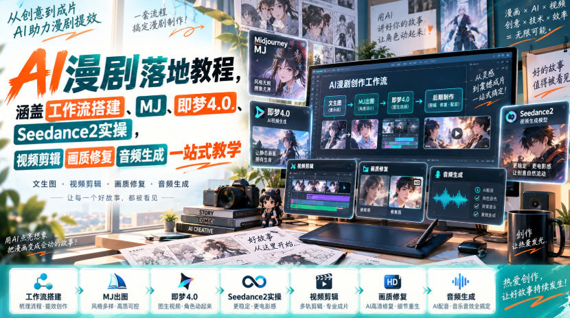 AI漫剧落地教程，涵盖工作流搭建、MJ、即梦4.0、Seedance2实操，视频剪辑画质修复音频生成一站式教学 - 87副业网