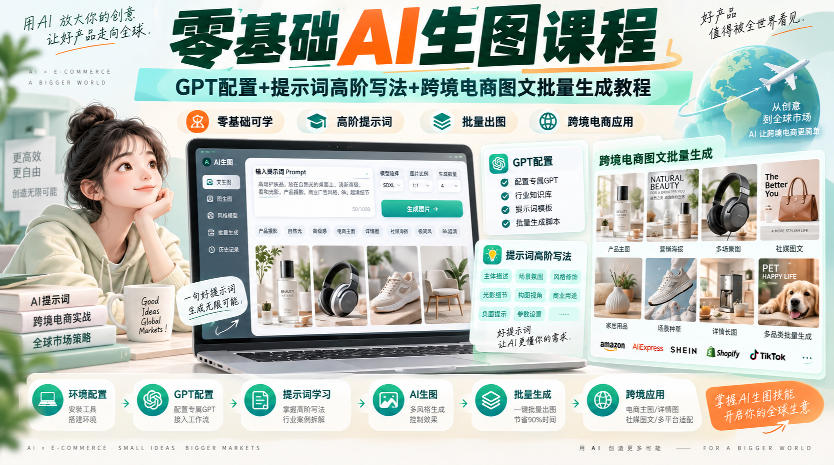 零基础AI生图课程，GPT配置+提示词高阶写法+跨境电商图文批量生成教程-87副业网 - 互联网副业项目资源分享平台