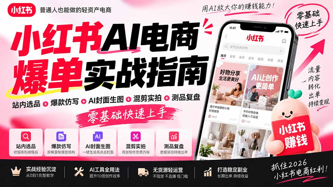2026小红书AI电商爆单实战指南：站内选品+爆款仿写+AI封面生图+混剪实拍+测品复盘，零基础快速上手-87副业网 - 互联网副业项目资源分享平台