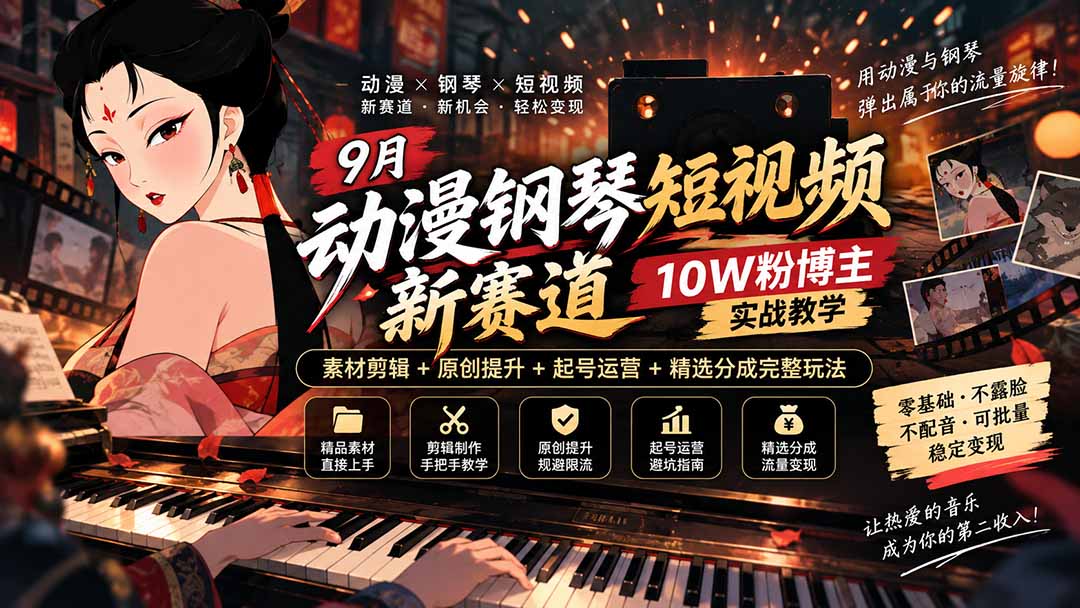 9月动漫钢琴短视频新赛道｜10W粉博主实战教学，素材剪辑+原创提升+起号运营+精选分成完整玩法-87副业网 - 互联网副业项目资源分享平台