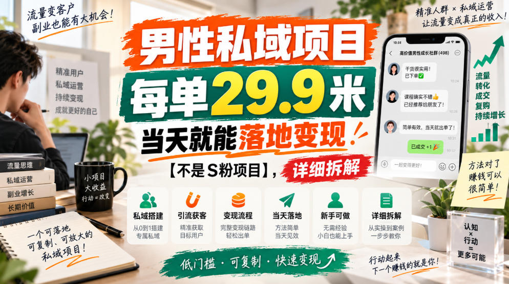 男性私域项目，每单29.9米，当天就能落地变现【不是S粉项目】，详细拆解-87副业网 - 互联网副业项目资源分享平台