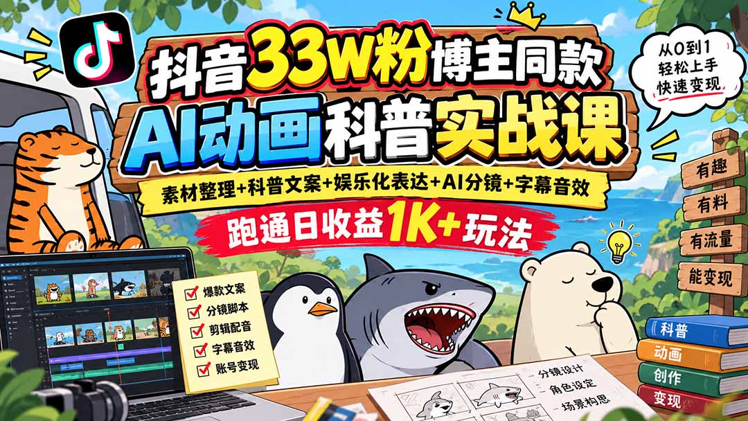 抖音33W粉博主同款AI动画科普实战课｜素材整理+科普文案+娱乐化表达+AI分镜+字幕音效，跑通日收益1K+玩法-87副业网 - 互联网副业项目资源分享平台