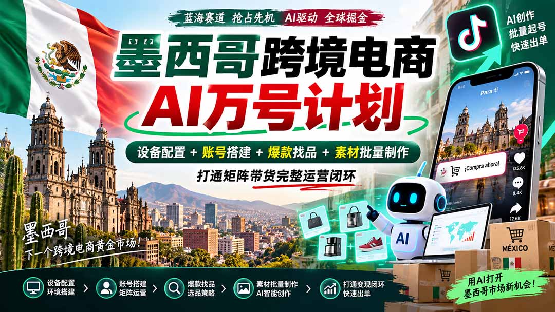 墨西哥AI跨境电商万号计划｜设备配置+账号搭建+爆款找品+素材批量制作，打通矩阵带货完整运营闭环-87副业网 - 互联网副业项目资源分享平台