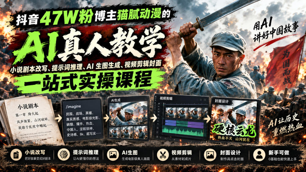 抖音47W粉博主猫腻动漫的AI真人漫剧教学，小说剧本改写、提示词推理、AI生图生成、视频剪辑封面一站式实操课程-87副业网 - 互联网副业项目资源分享平台
