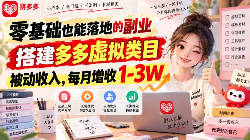 零基础也能落地的副业，搭建多多虚拟类目被动收入，每月增收1-3W【揭秘】-87副业网 - 互联网副业项目资源分享平台