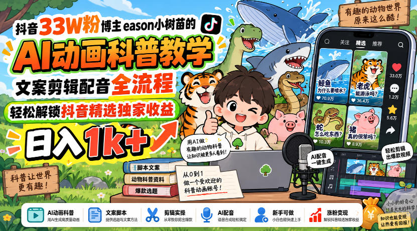 抖音33W粉博主eason小树苗的AI动画科普教学，文案剪辑配音全流程，轻松解锁抖音精选独家收益，日入1k+-87副业网 - 互联网副业项目资源分享平台